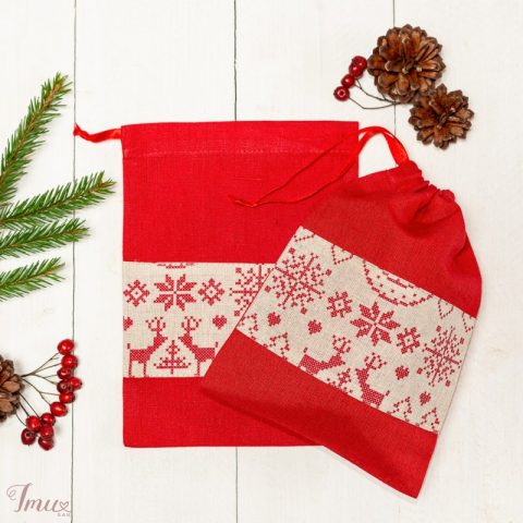 imusau.lt | parduodama Lininis dovanų maišelis "Raudonas su elniais"