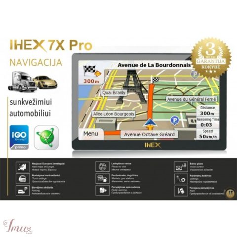 imusau.lt | parduodama NAUJAUSIAS GPS NAVIGACIJOS MODELIS IHEX 7X PRO, 7" EKRANAS, NAVIGACIJA SUNKVEŽIMIUI IR LENGVAJAI