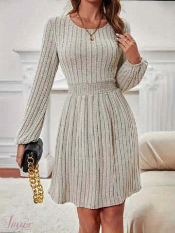 imusau.lt | parduodama Chaki spalvos elegantiška suknelė ilgomis rankovėmis su rumbuotu juosmeniu 46589